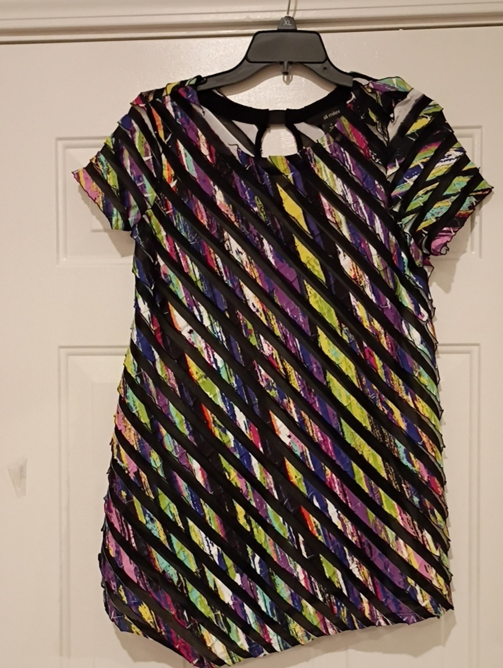 Ali Miles Black Top with Multicolor Diagonal Stripes